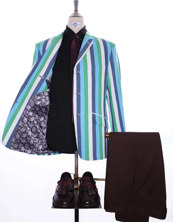 Boating Blazer | Sky Blue and Green Striped Blazer Modshopping Clothing