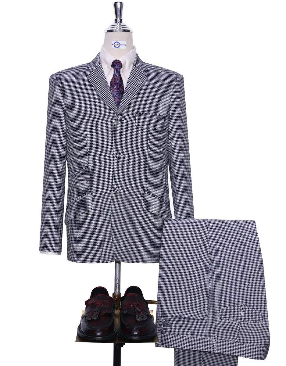 Men Suit 60s Mod Fashion Black and White Houndstooth Suit
