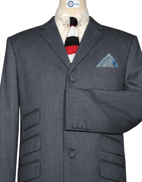Mod Suit - Charcoal Grey Herringbone Tweed Suit 2-3 Pockets Modshopping Clothing