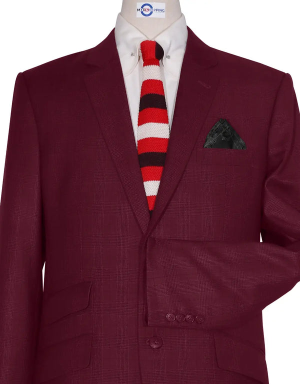 Two Button Suit - Burgundy Prince of Wales Check Suit Modshopping Clothing