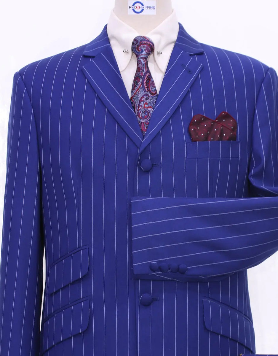 Dark Royal Blue And White Stripe - Indigo Pinstripe Suit - L