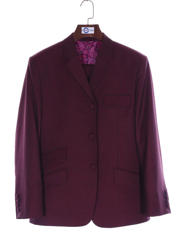 Men's Three Piece Burgundy Check Suit Modshopping Clothing