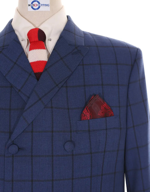 This Suit Only - Navy Blue Windowpane Check Double Breasted Suit Modshopping Clothing