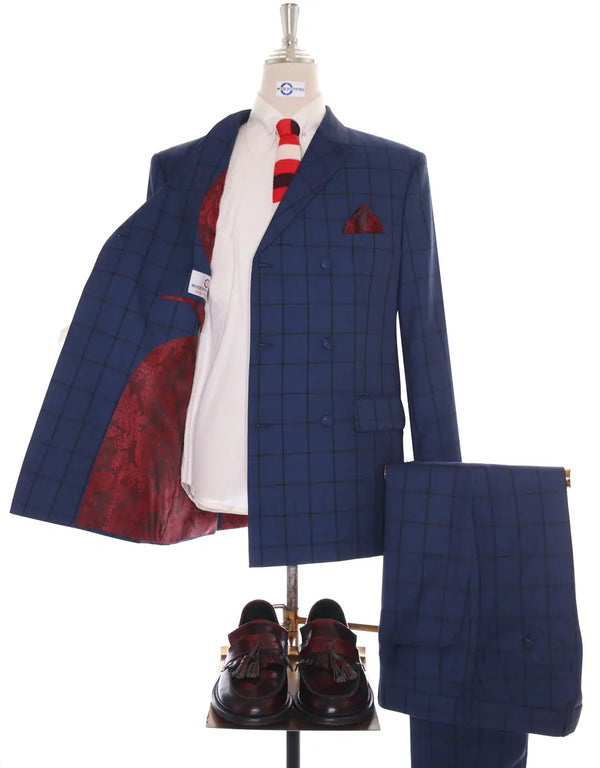 This Suit Only - Navy Blue Windowpane Check Double Breasted Suit Modshopping Clothing