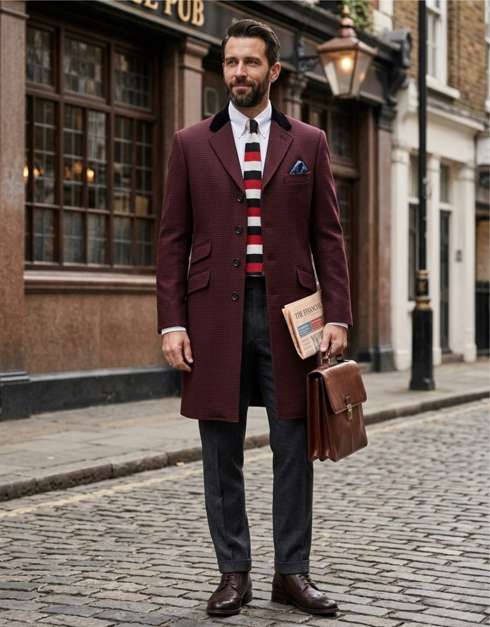 Brown, Navy Blue and Red Glen Check Overcoat