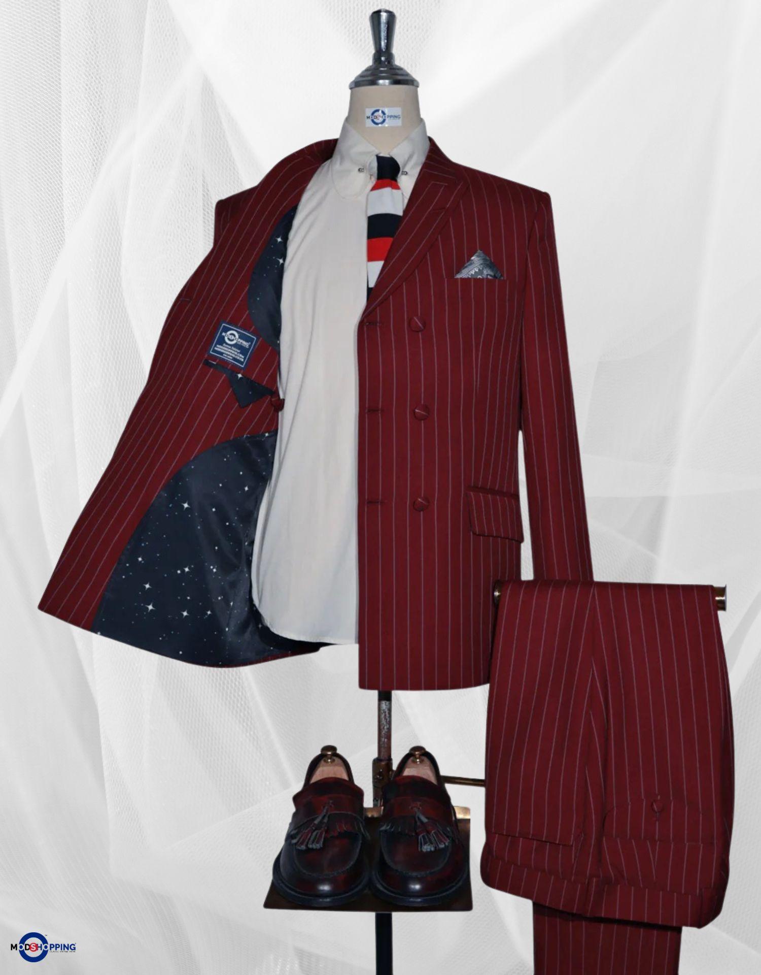 Double Breasted Suit - Burgundy and White Striped Suit