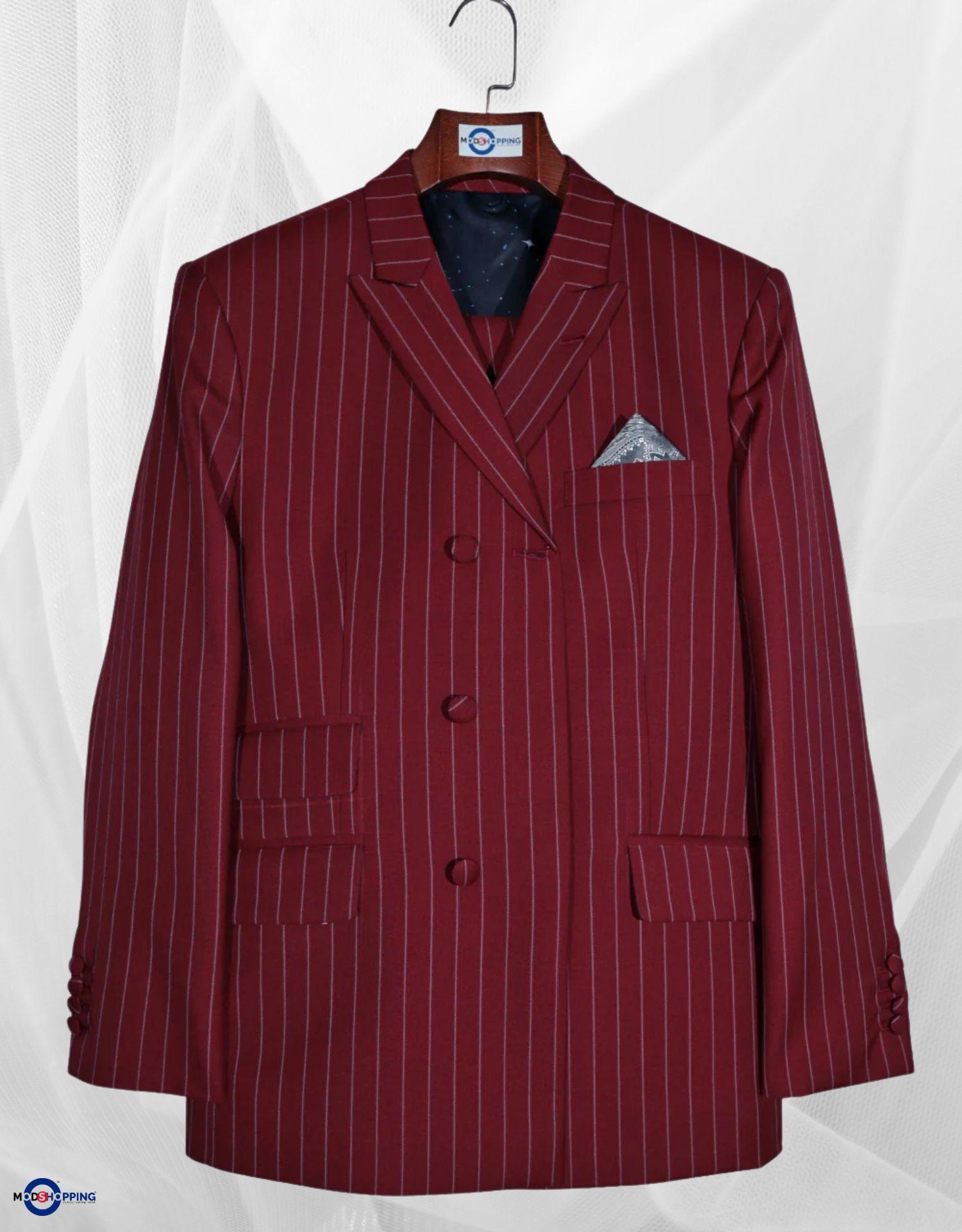 Double Breasted Suit - Burgundy and White Striped Suit