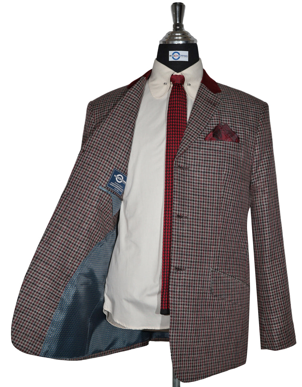 Black Grey and Burgundy Large Houndstooth Jacket