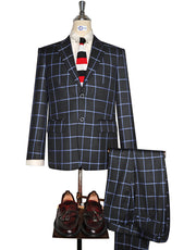 Black and Blue Windowpane Check Suit