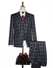 Black and Blue Windowpane Check Suit