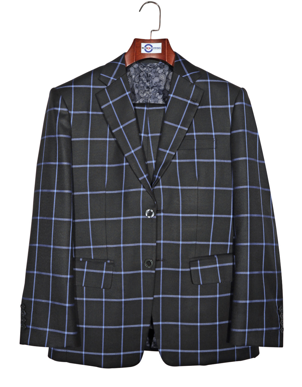 Black and Blue Windowpane Check Suit
