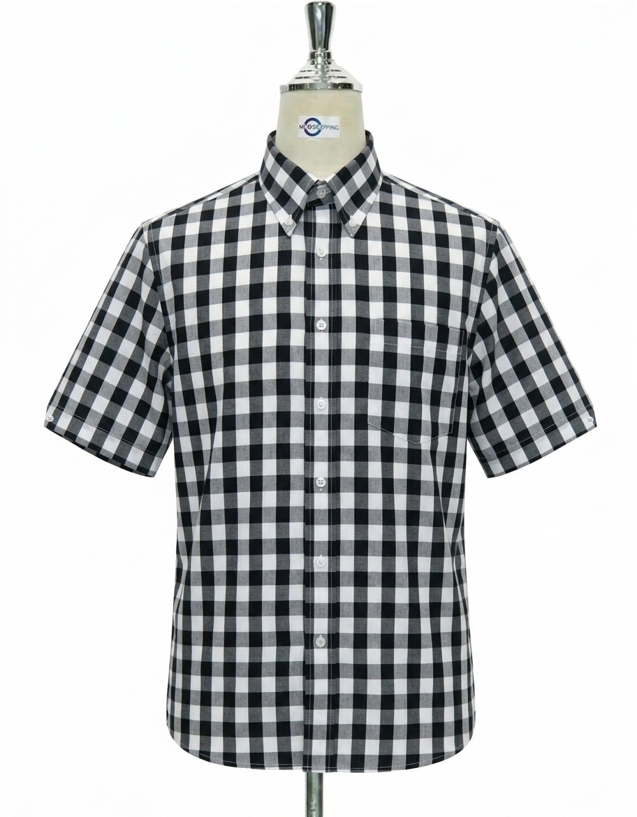 Black and White Gingham Check Short Sleeve Shirt.
