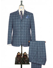 Blue Grey and Light Grey Plaid Check Suit