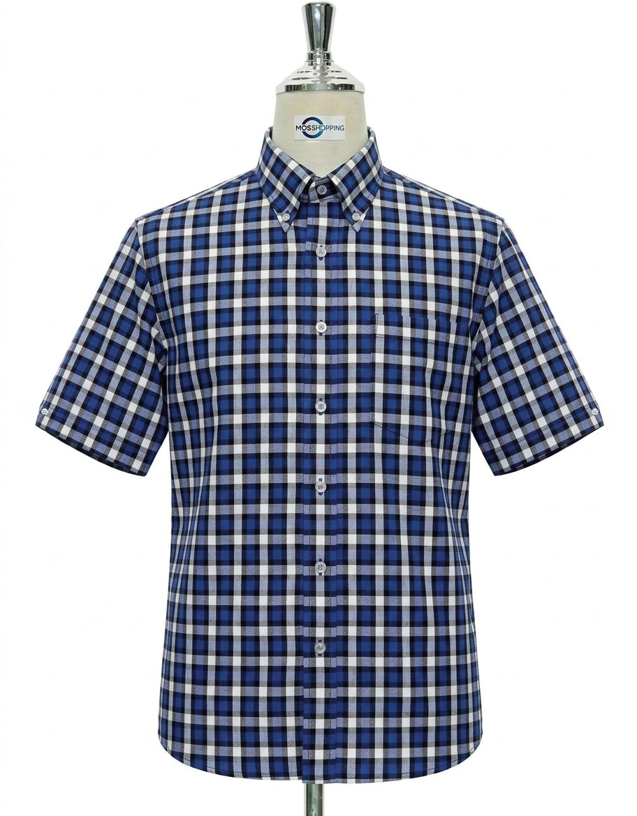 Blue and White Gingham Short Sleeve Shirt.