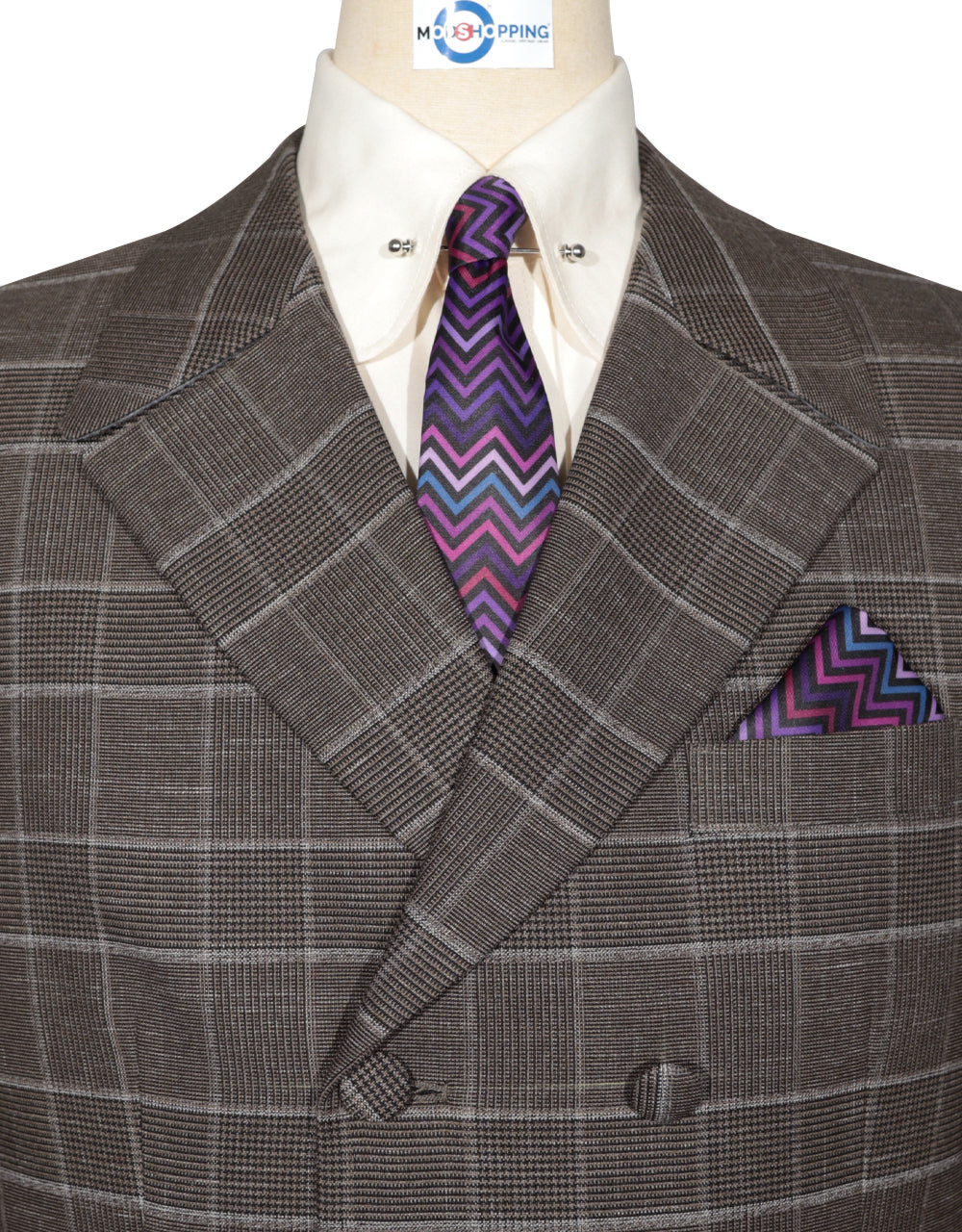Brown POW Check Double Breasted Suit Lapel