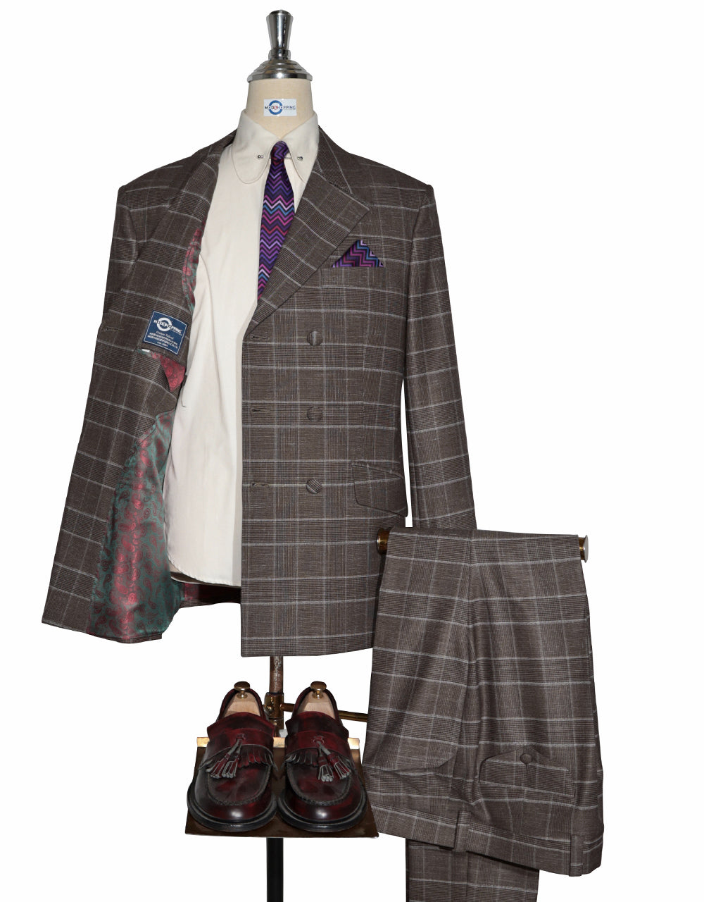 Brown POW Check Double Breasted Suit Lining