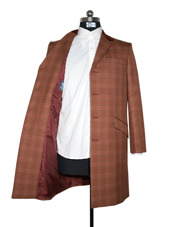 Long Overcoat | Brown and Red Prince of Wales Check Tweed Overcoat