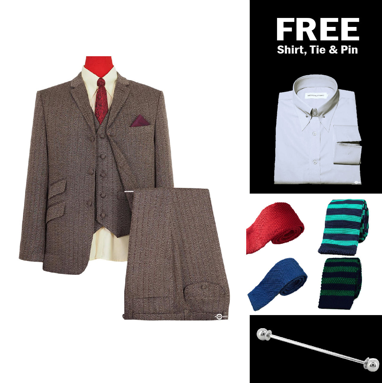  Brown Herringbone Tweed 3 Piece Suit Packet