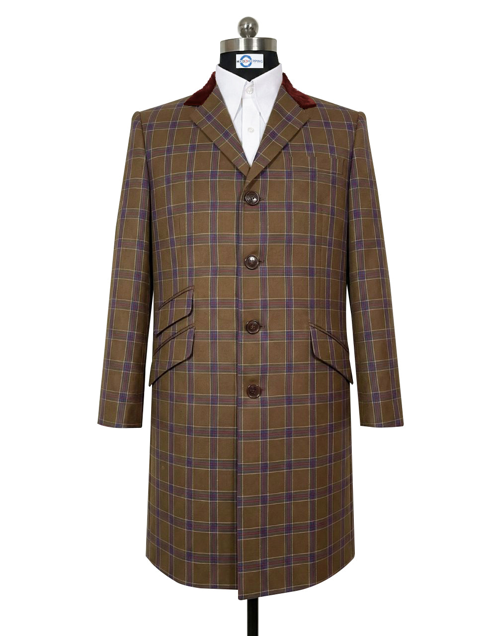 Brown, Navy Blue and Red Glen Check Overcoat