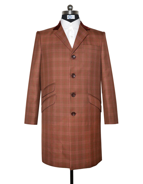 Long Overcoat | Brown and Red Prince of Wales Check Tweed Overcoat