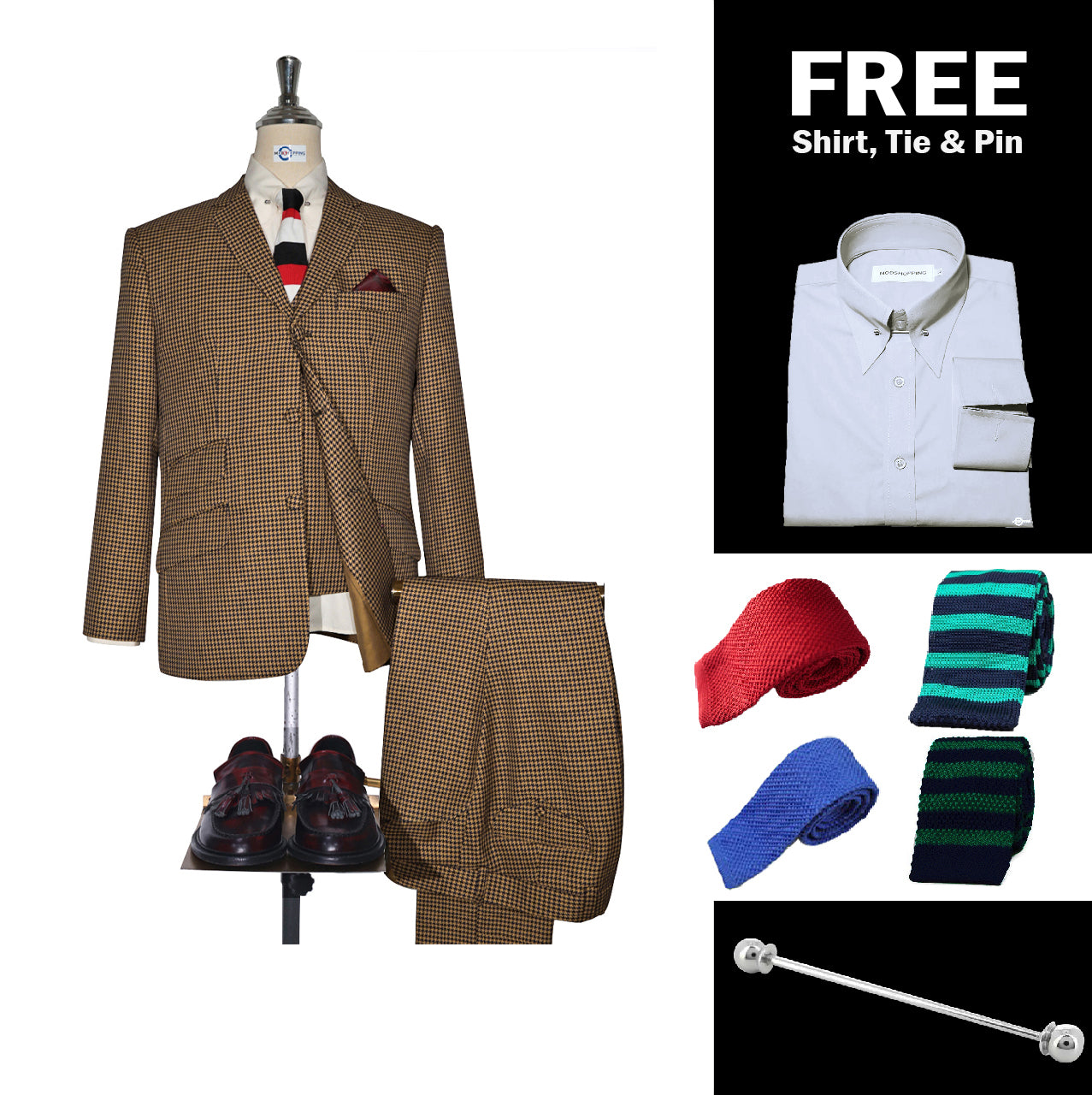 Brown and Black Houndstooth 3 Piece Suit Packet 