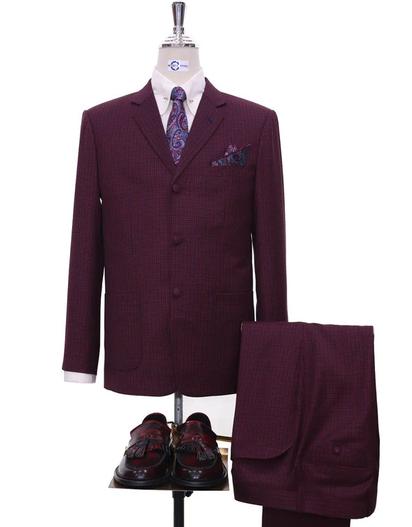 Burgundy Houndstooth Suit Jacket Size 38R Trouser 32/32 Modshopping Clothing
