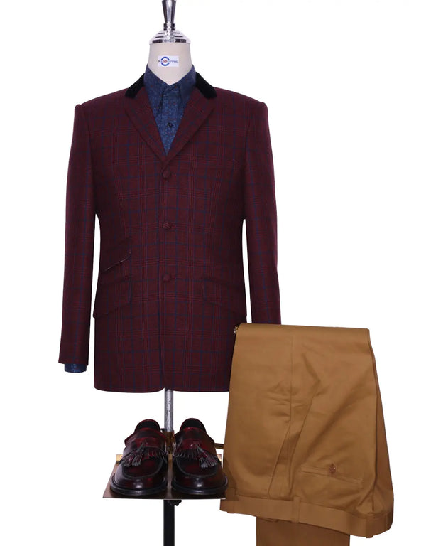 Burgundy Prince Of Wales Check Tweed Jacket Size 38R Modshopping Clothing