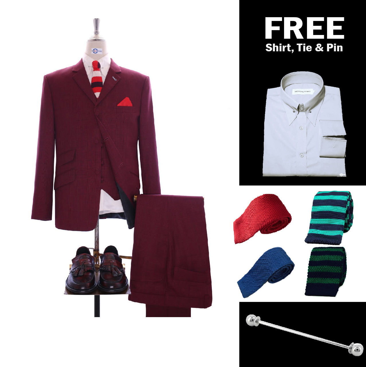 Burgundy Prince Of Wales Check 3 Piece Suit Packet