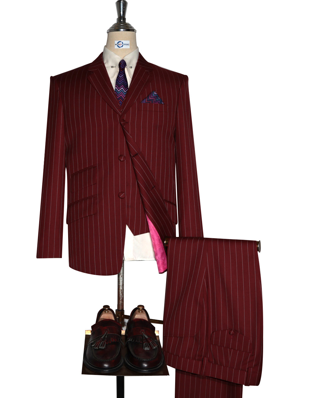 Burgundy and Light Grey Stripe 3 Piece Suit