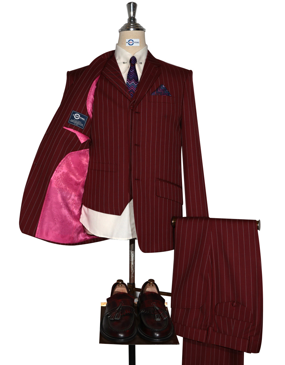 Burgundy and Light Grey Stripe 3 Piece Suit