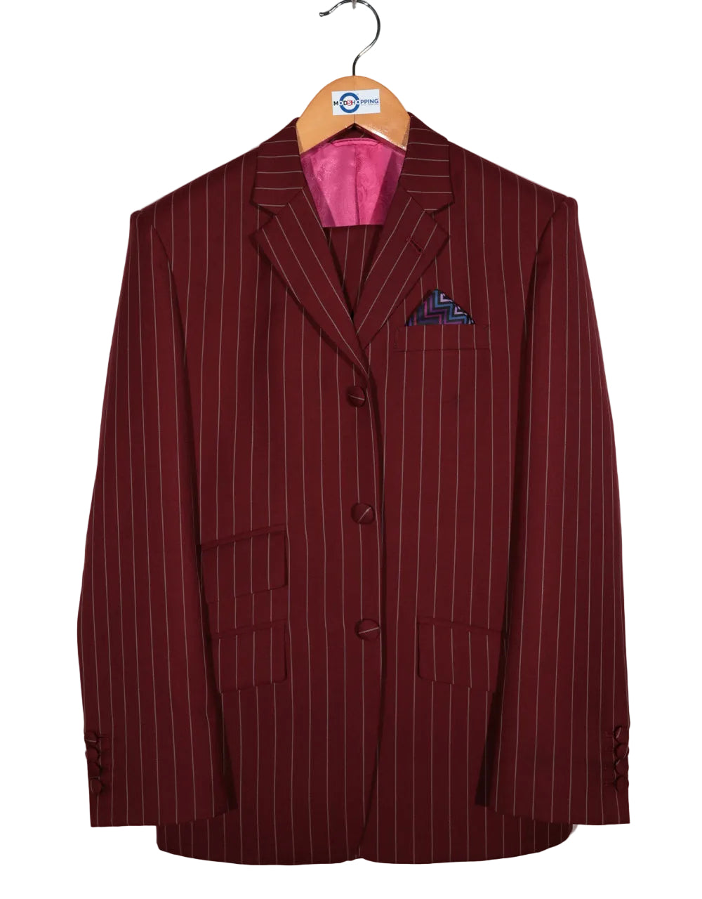 Burgundy and Light Grey Stripe 3 Piece Suit