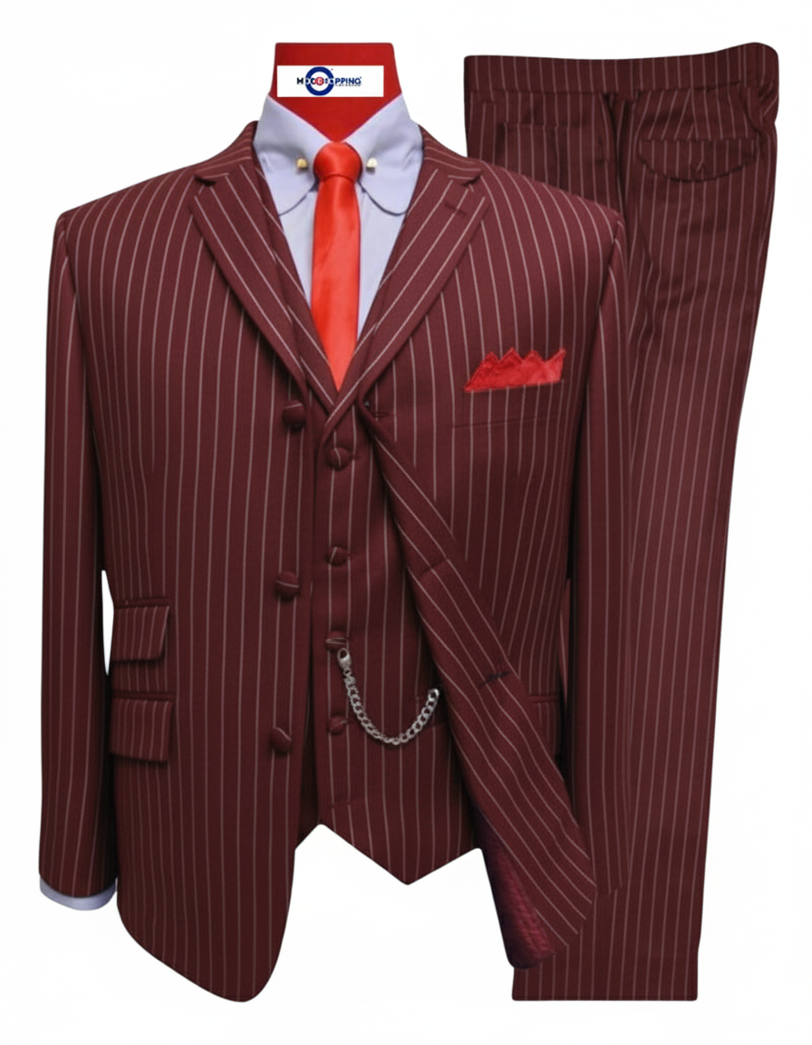 Burgundy and White Stripe 3 Piece Suit