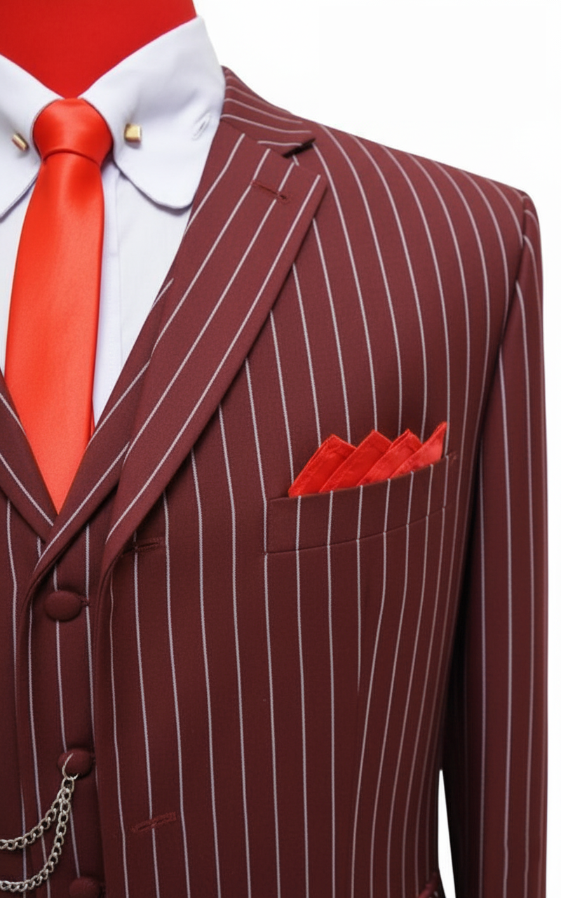 Burgundy and White Stripe 3 Piece Suit Chest