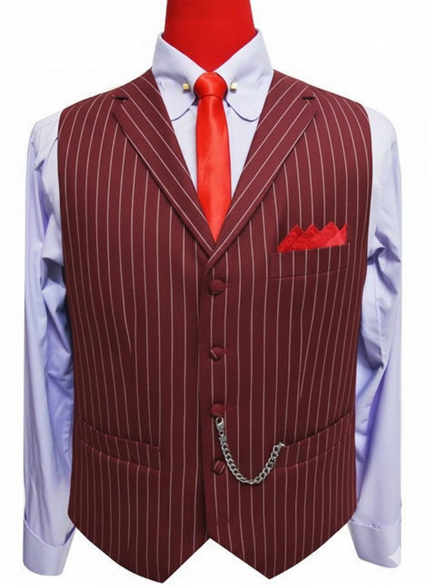Burgundy and White Stripe 3 Piece Suit Waist Coat