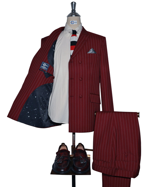 Double Breasted Suit - Burgundy and White Striped Suit