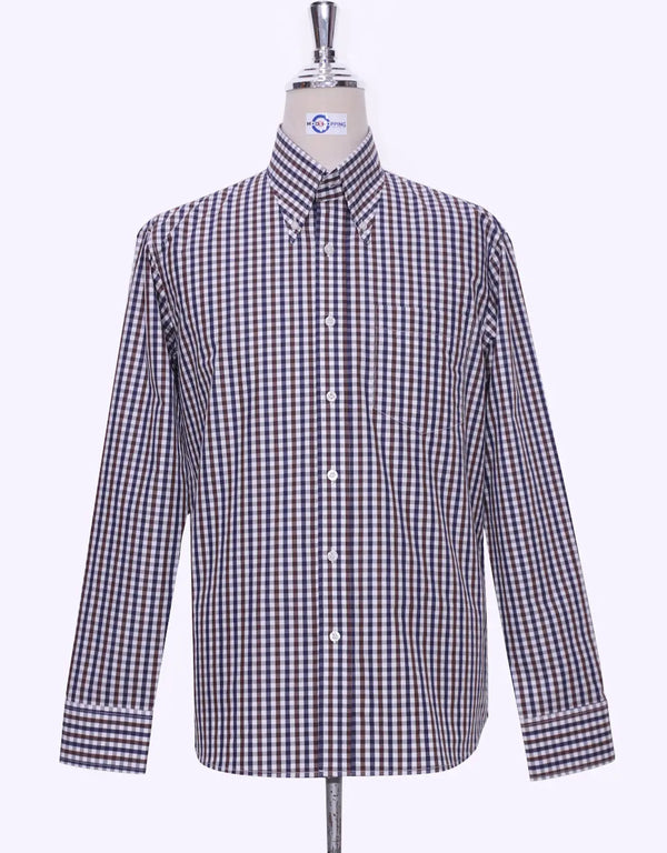 Button Down Shirt - Brown And Navy Blue Gingham Check Shirt Modshopping Clothing
