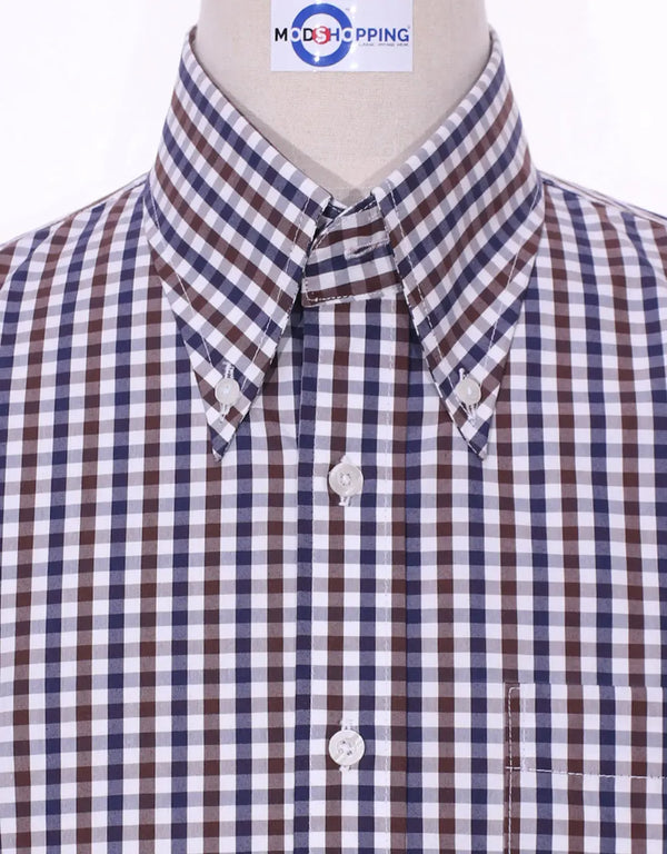 Button Down Shirt - Brown And Navy Blue Gingham Check Shirt Modshopping Clothing