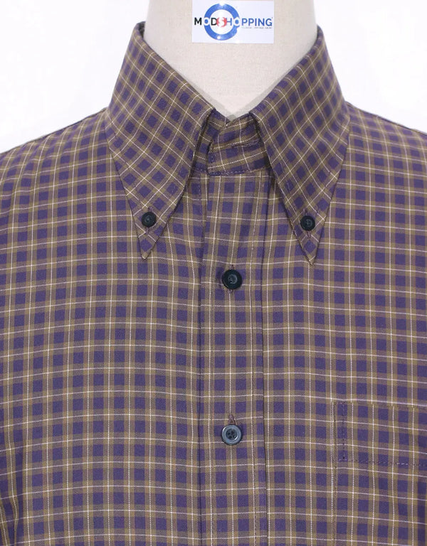 Button Down Shirt - Purple And Khaki Gingham Check Shirt Modshopping Clothing