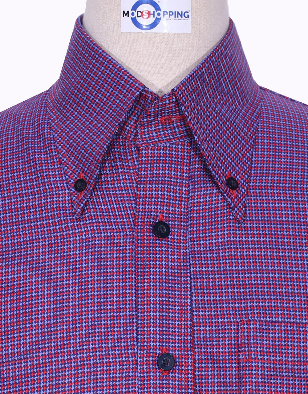 Button Down Shirt - Red and Blue Houndstooth Shirt Modshopping Clothing