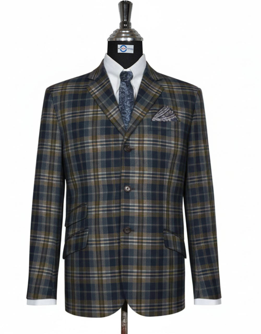Dark Navy Blue Brown and Grey Tartan Check Jacket