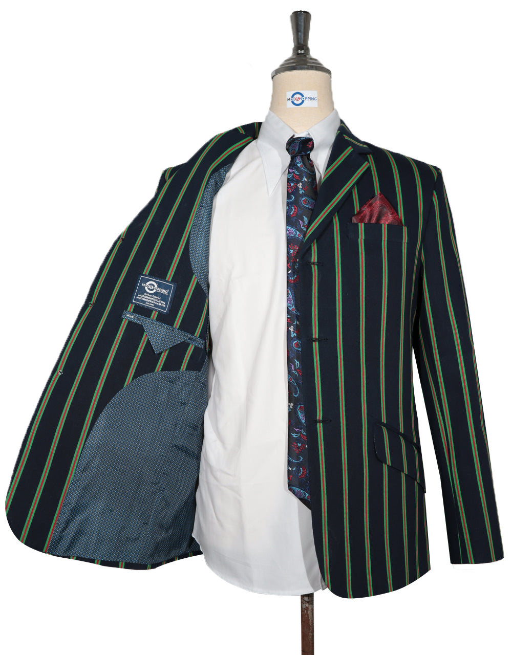 Dark Navy Blue and Green Striped Blazer