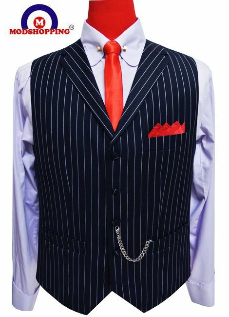 Dark Navy Blue and Grey Stripe Suit Waist Coat
