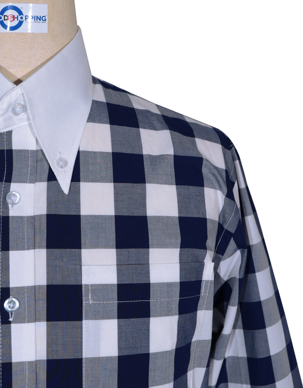 Button Down Collar Shirt | Navy Blue Gingham Check Shirt