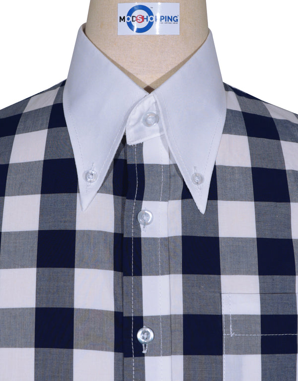 Button Down Collar Shirt | Navy Blue Gingham Check Shirt