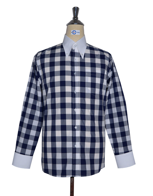 Button Down Collar Shirt | Navy Blue Gingham Check Shirt