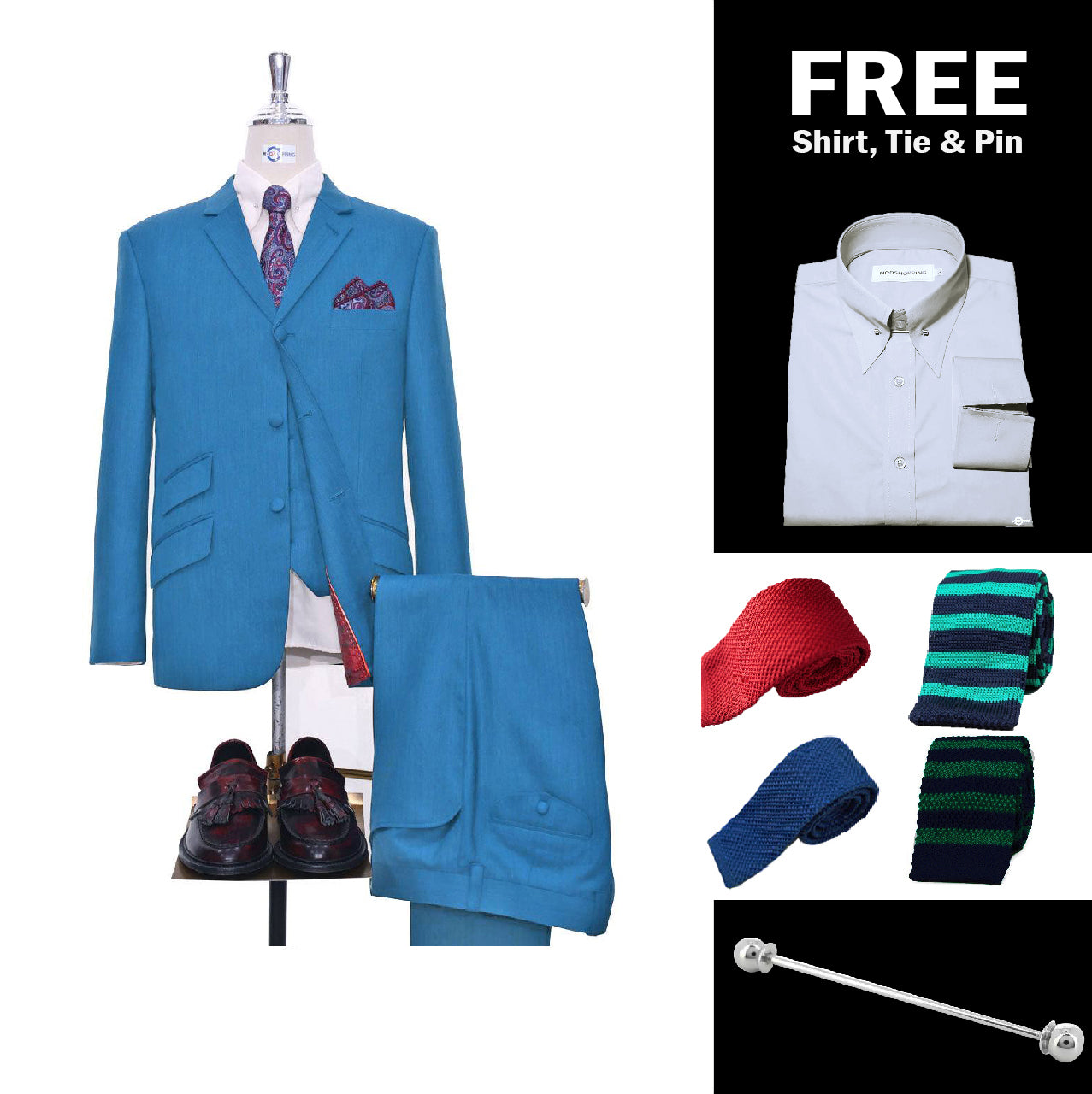 Deep Sky Blue Herringbone 3 Piece Suit Packet