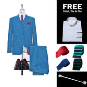 Deep Sky Blue Herringbone 3 Piece Suit Packet