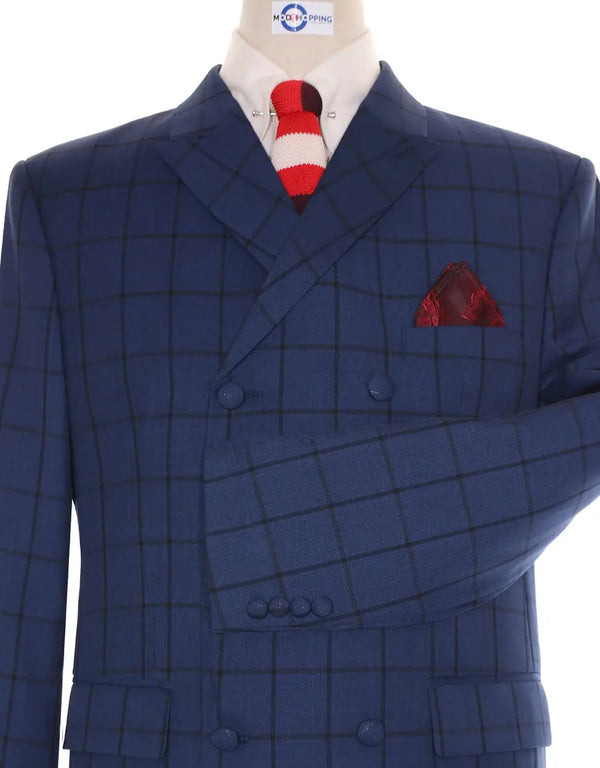 Double Breasted Suit - Navy Blue Windowpane Suit Modshopping Clothing