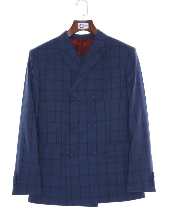 Double Breasted Suit - Navy Blue Windowpane Suit Modshopping Clothing