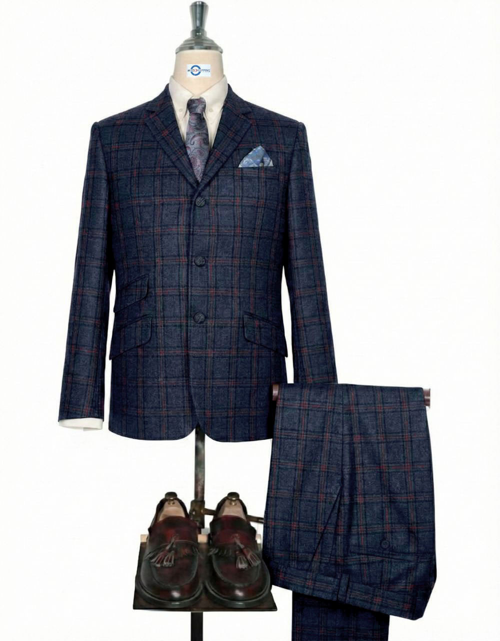 Navy Bkue and Burgundy Windowpane Check Suit